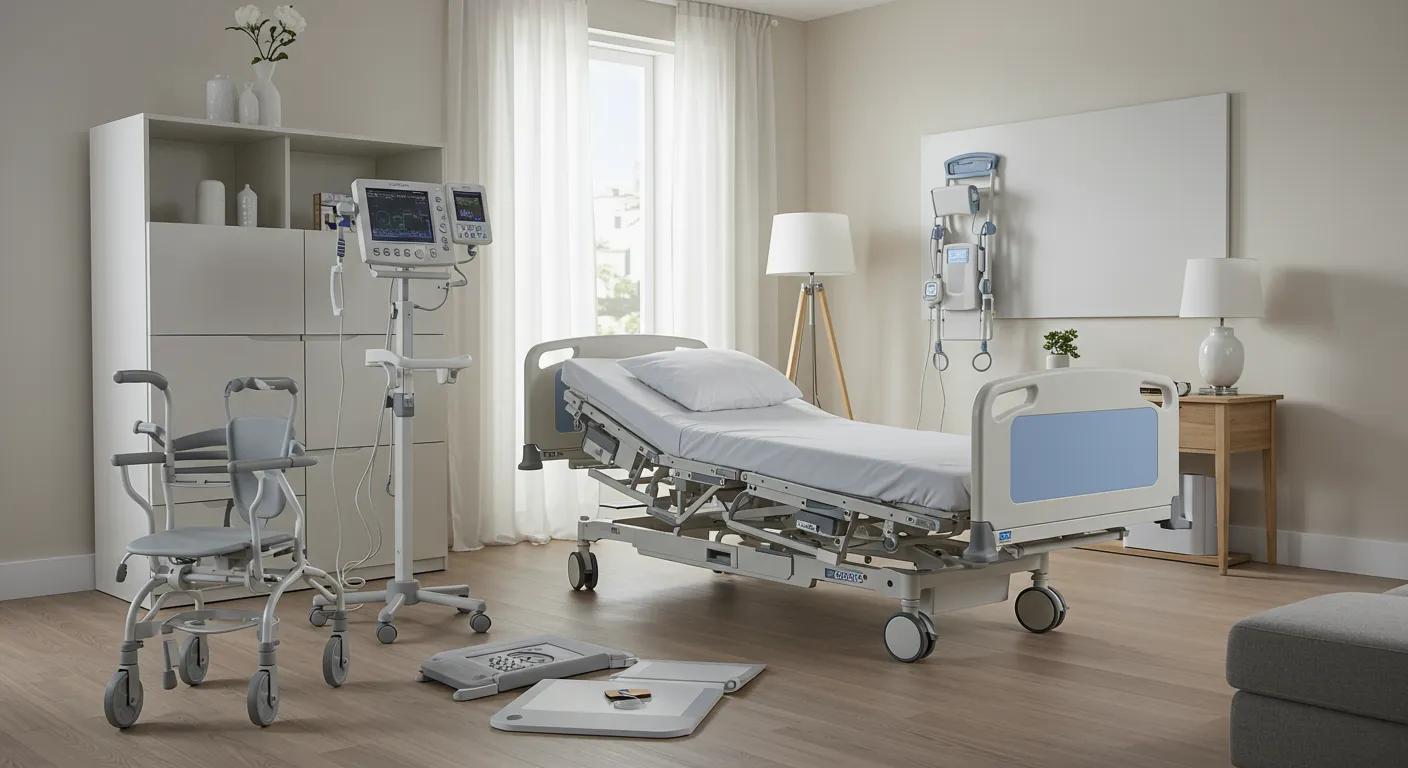 a well-organized home care environment showcases a selection of durable medical equipment, including an adjustable hospital bed and mobility aids, all set against a softly illuminated, modern living space that emphasizes comfort and accessibility.