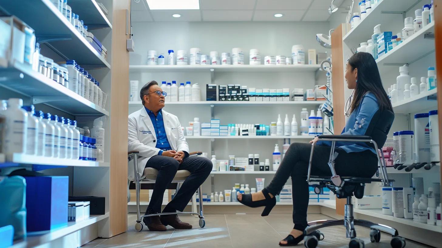 a focused healthcare professional consults with a patient in a modern clinic, surrounded by a variety of orthopedic supplies displayed neatly on shelves, emphasizing the personalized evaluation of mobility challenges and pain management.