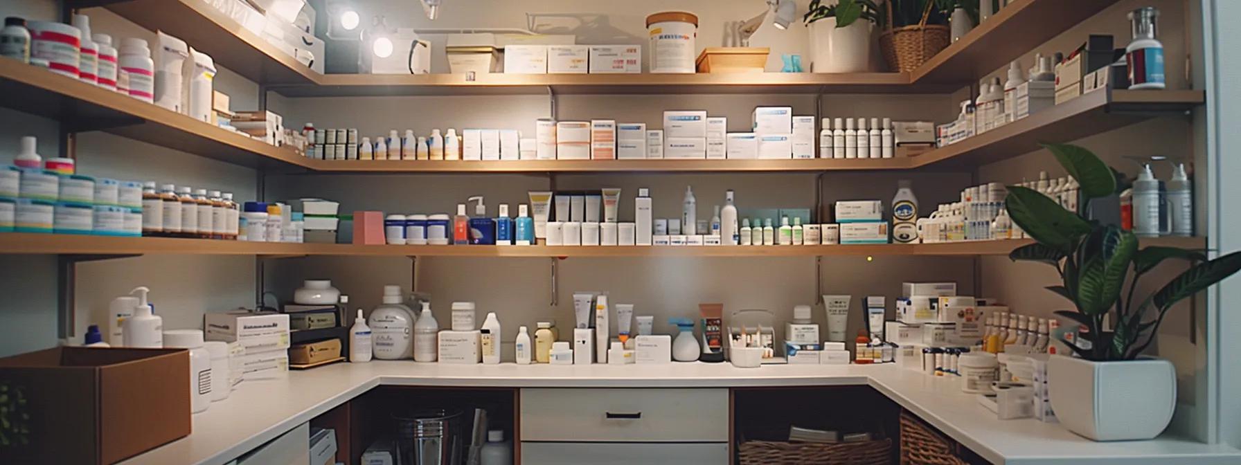 a neatly organized home care setup featuring an array of high-quality medical supplies, including durable equipment, personal protective gear, and nutritional products, all designed to promote safety and enhance patient independence in a modern, well-lit indoor environment.