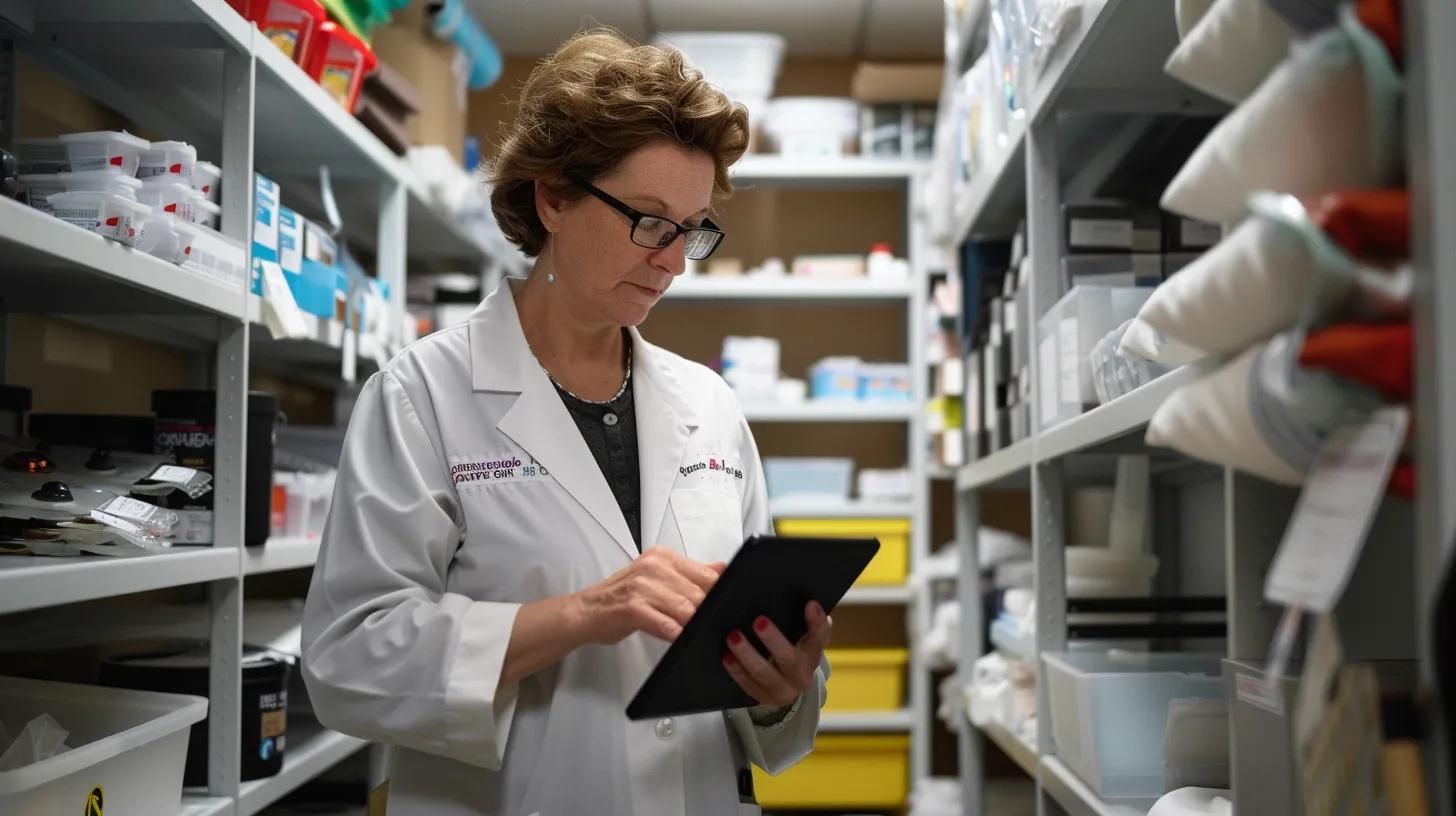 a professional-looking office environment features a confident healthcare procurement specialist analyzing a digital tablet, surrounded by neatly organized orthopedic supplies on sleek shelves, emphasizing the importance of careful supplier selection.