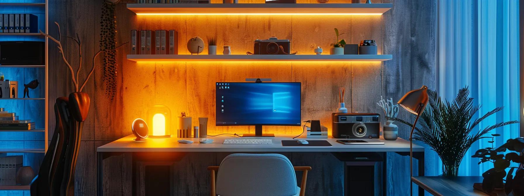 a sleek, modern home office is prominently featured, showcasing an array of high-tech home diagnostic tools neatly arranged on a stylish desk, illuminated by warm, ambient lighting that highlights their importance in proactive health management.