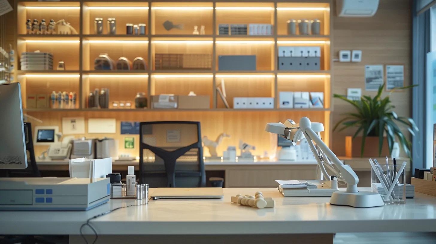 a sleek, modern office environment showcasing a range of orthopedic supplies artfully displayed on a polished table, with a backdrop of soft, diffused lighting that emphasizes the diverse, high-quality product options tailored for therapeutic needs.