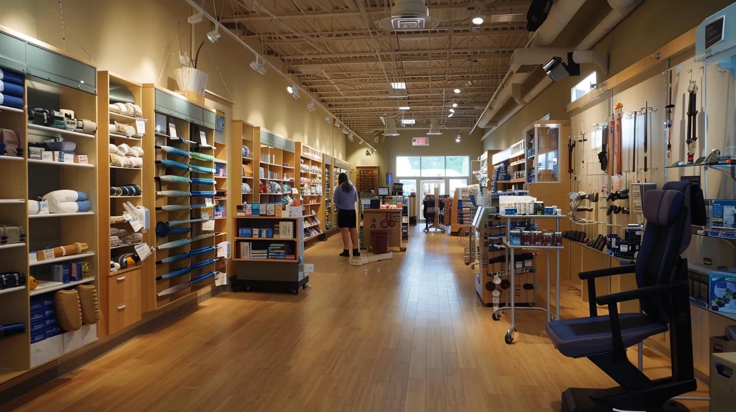 a well-organized medical supply store interior features a diverse array of orthopedic products, including supportive braces and ergonomic aids, all neatly displayed in bright, inviting lighting to emphasize their practicality and comfort.