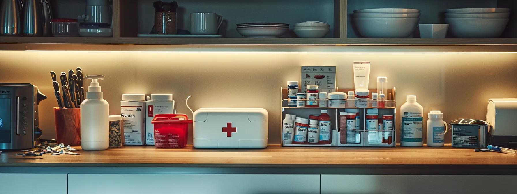 a well-organized home care setting features a neatly arranged assortment of essential medical supplies, including a first aid kit, mobility aids, and medication organizers, all poised on a modern kitchen countertop under warm, inviting lighting.