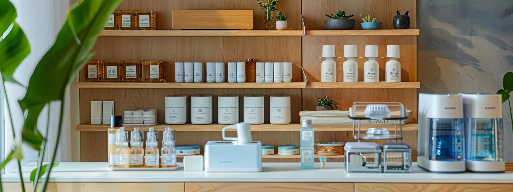 a well-organized medical supply station in a modern home setting, showcasing neatly arranged essential healthcare items against a minimalist backdrop, emphasizing the theme of effective home care solutions.