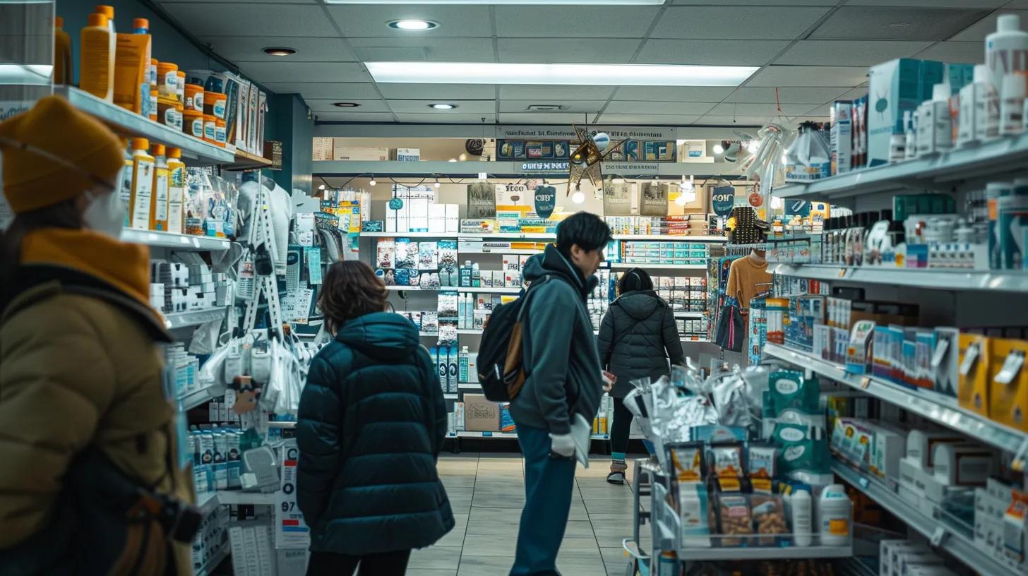 an urban medical supply store interior is bustling with shoppers examining a diverse lineup of orthopedic products, under the soft glow of fluorescent lighting, conveying a sense of urgency and community health awareness.