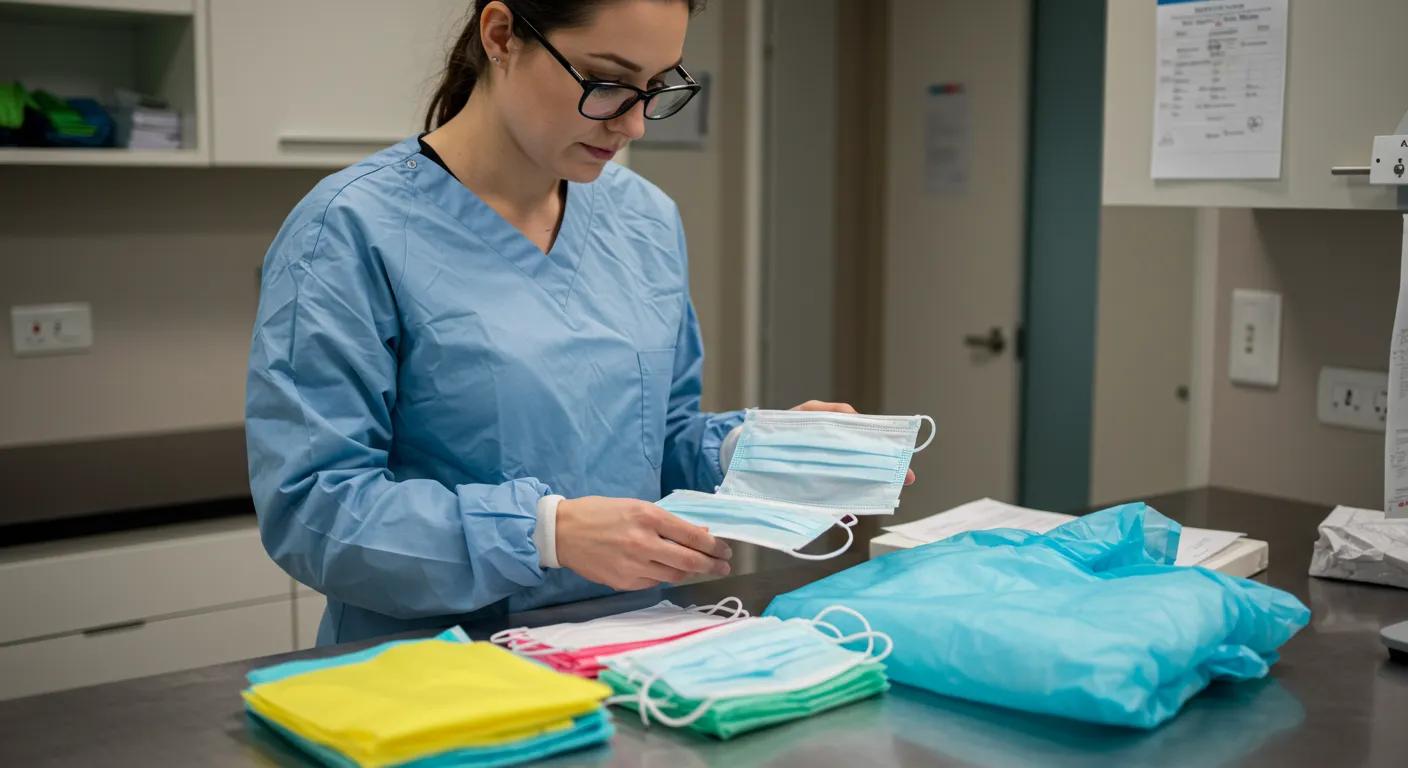 a focused healthcare professional examines a selection of colorful personal protective equipment, including masks, gloves, and gowns, arranged neatly on a sterile countertop in a well-lit modern home care setting, emphasizing the importance of safety and infection control.