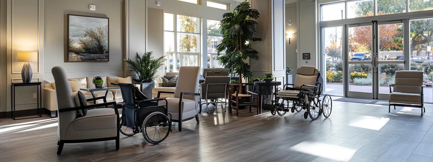 a bright, modern senior living space showcases a stylish assortment of mobility aids, including sleek walkers and comfortable wheelchairs, arranged thoughtfully to emphasize accessibility and independence.