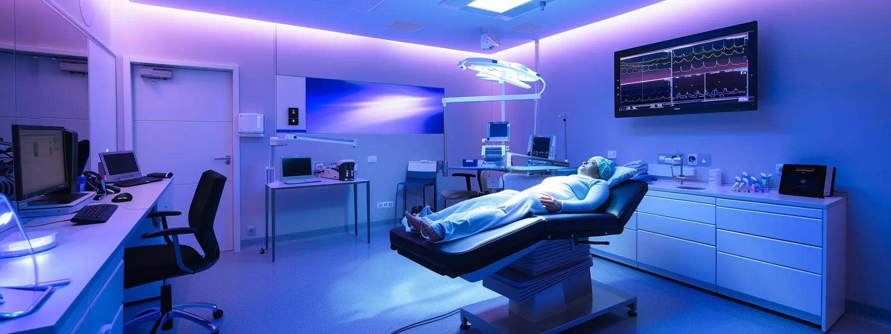 a sleek, modern clinic room featuring a visibly confident patient wearing post-surgical compression wear, with clinical equipment softly illuminated by overhead lighting, emphasizing comfort and recovery.