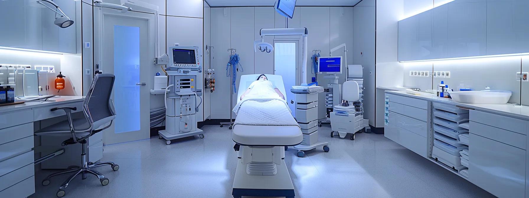 Modern surgical clinic interior with a patient on an examination table, advanced medical equipment, and bright lighting, emphasizing post-surgical care and recovery environment.