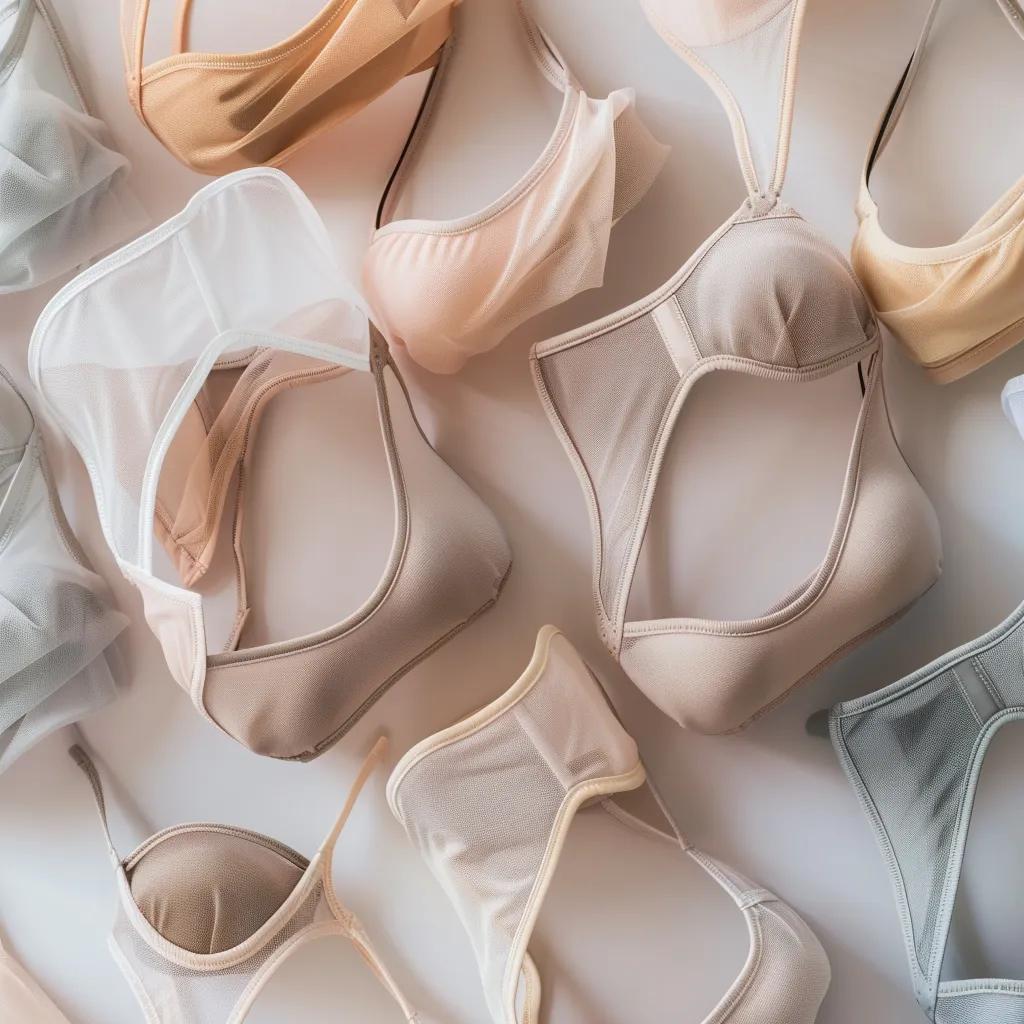 Mastectomy bras in various colors and styles, featuring pocketed cups and soft fabrics, designed for post-surgical comfort and support for breast cancer recovery.