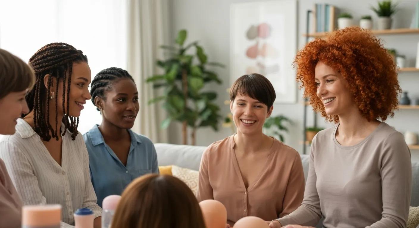 Group of women discussing breast cancer support products, including mastectomy bras and prostheses, in a supportive environment.