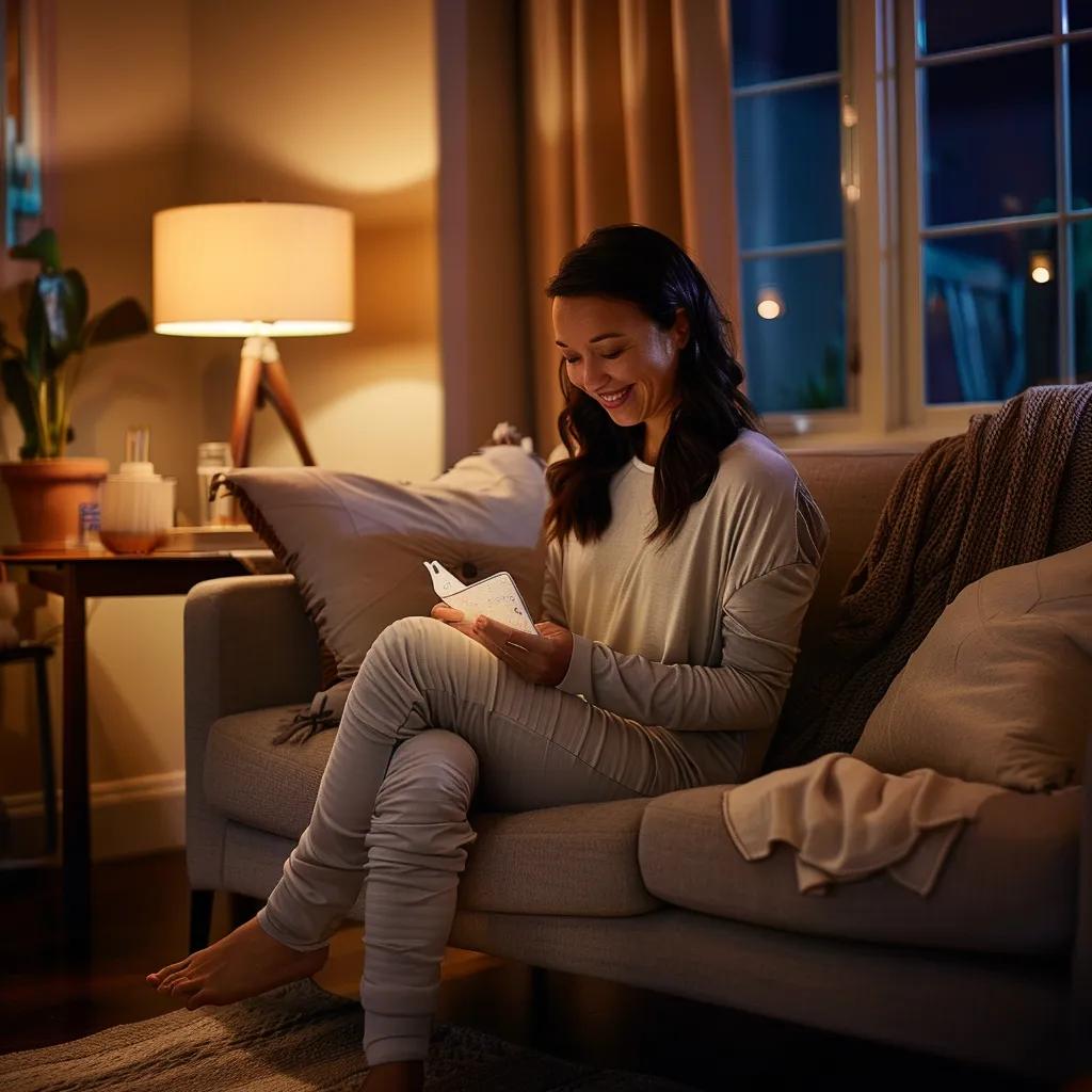 Woman in comfortable loungewear sitting on a couch, smiling while reading a book in a cozy, softly lit living room setting.