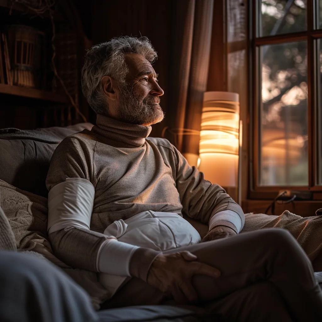 Patient wearing a post-surgical compression garment in a cozy home environment
