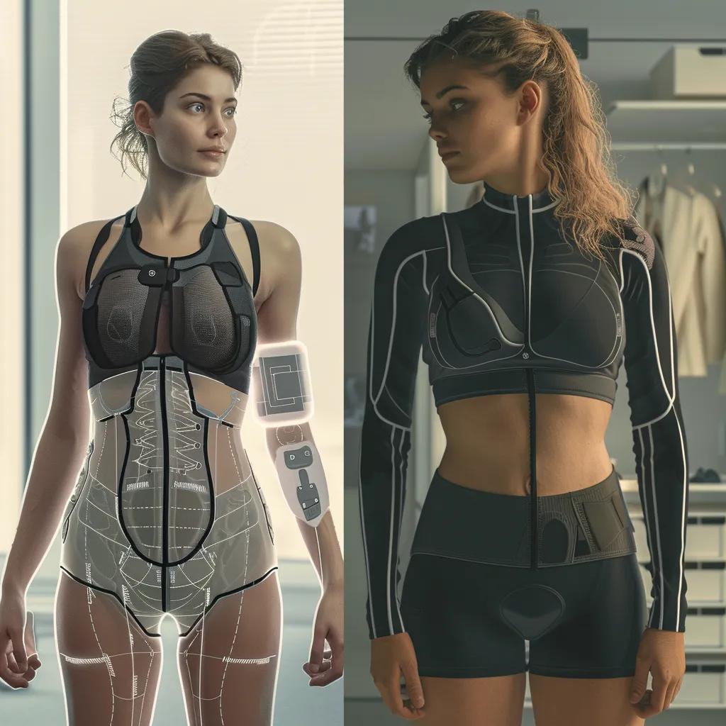 Medical-grade compression garment design comparison, showcasing a futuristic illustration on the left and a realistic version on the right, highlighting features for post-surgical recovery and fluid management.