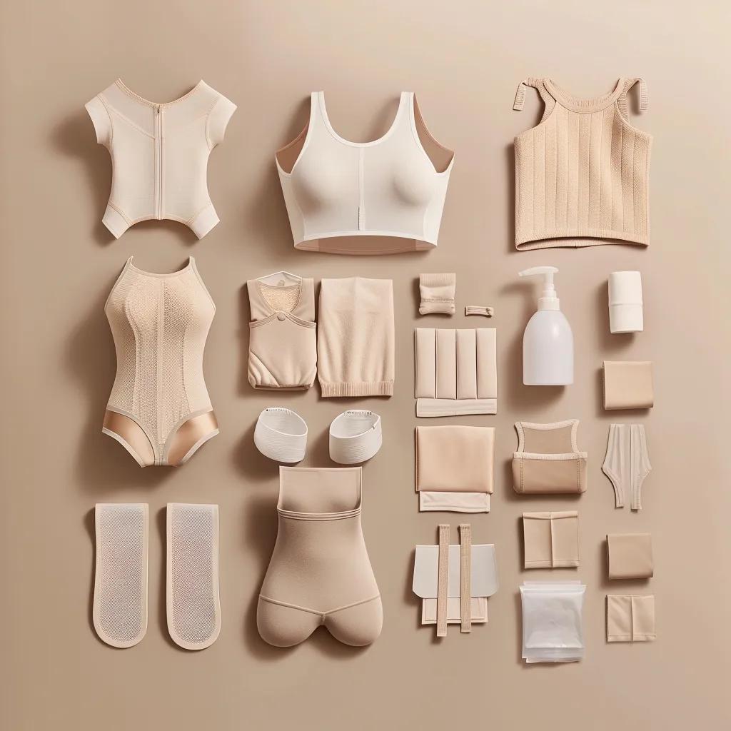 Variety of post-surgical compression garments including bras, bodysuits, and wraps, arranged on a neutral background, showcasing options for optimal recovery in Michigan.