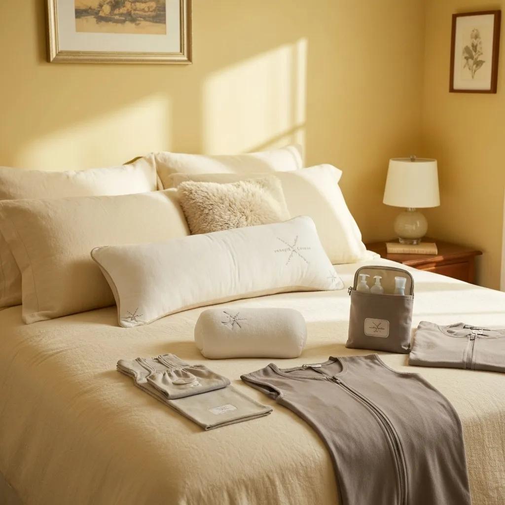 Essential recovery aids for post-mastectomy comfort, including pillows and adaptive clothing, arranged in a cozy setting