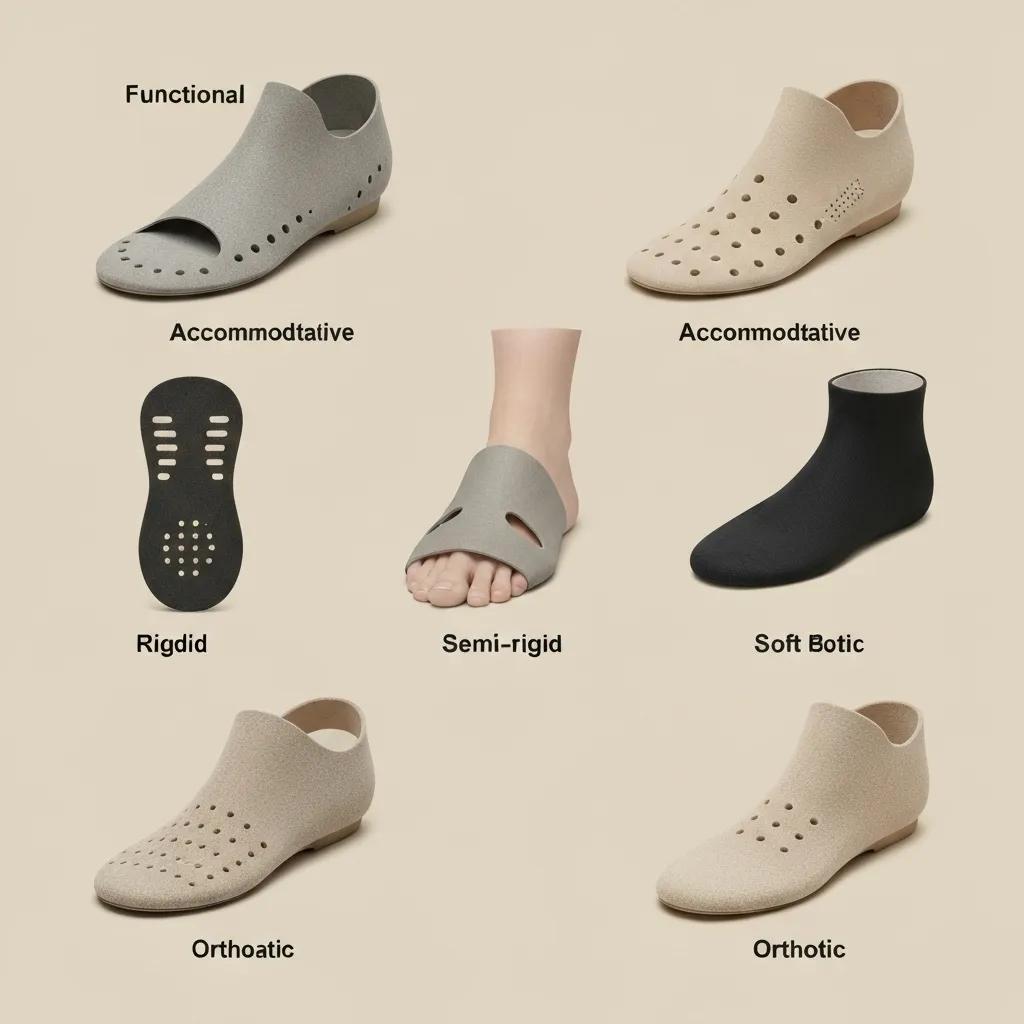 Various types of orthotic devices labeled: Functional, Accommodative, Rigid, Semi-rigid, Soft Botic, and Orthotic, displayed on a neutral background, illustrating options for foot support and comfort.