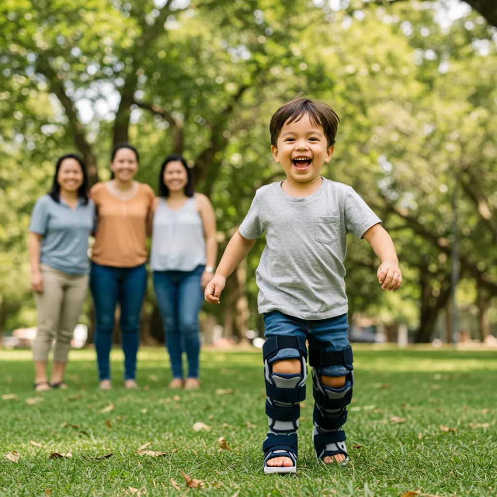 Child playing joyfully in a park while wearing a custom AFO brace, with parents in the background
