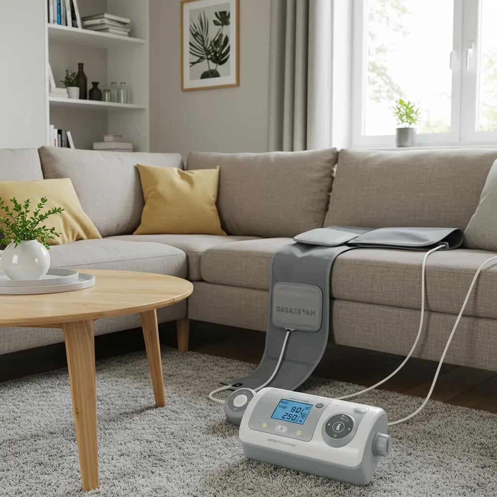 DVT compression pump in a cozy home environment, highlighting patient comfort and therapy