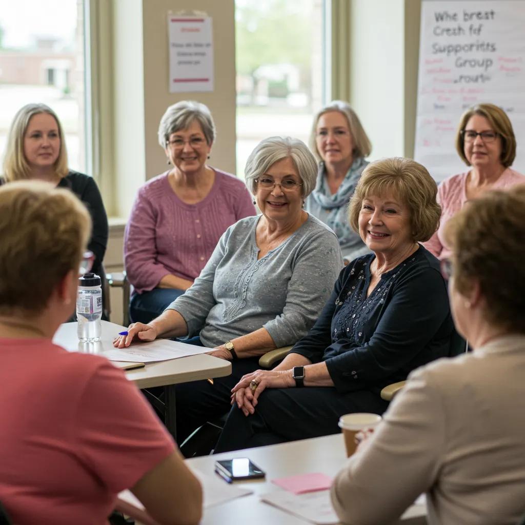 Local breast cancer support group meeting in Michigan, showcasing community and connection among diverse women