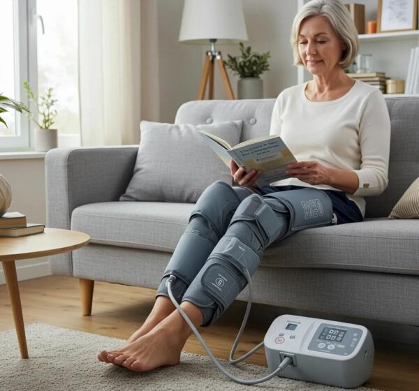 Patient using a DVT compression pump at home, highlighting comfort and therapy