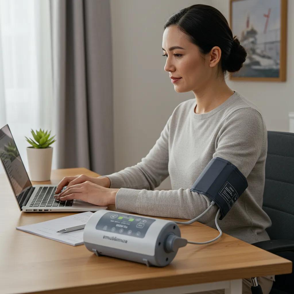 Patient using a portable DVT compression pump at a home workspace, emphasizing convenience and therapy
