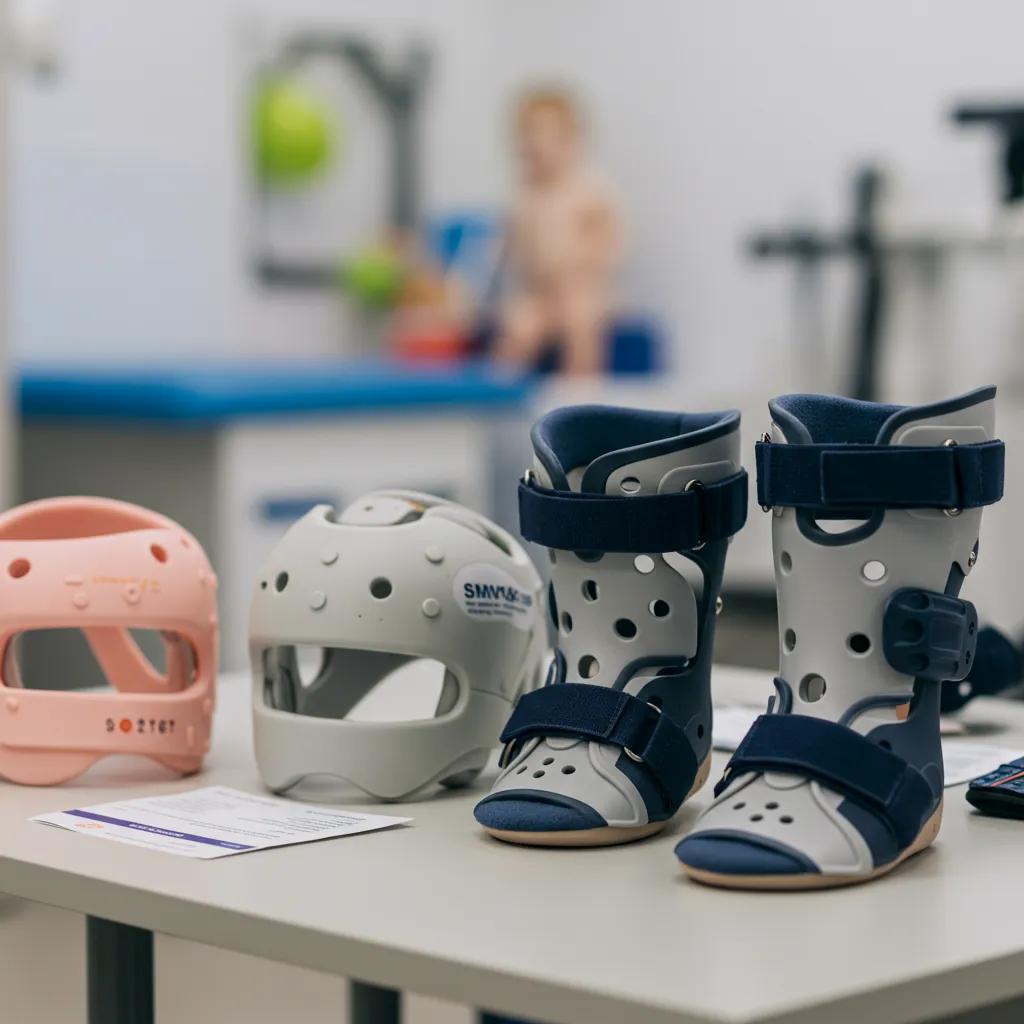 Variety of pediatric orthotic devices including AFOs, SMOs, and cranial helmets on display